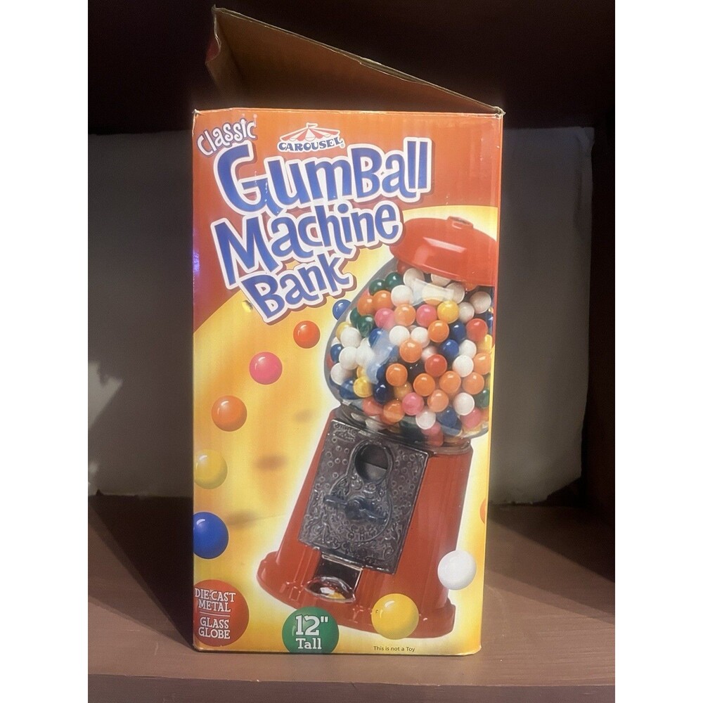 NEW Carousel Classic Gumball Machine Bank in Box Metal Glass Candy Dispenser